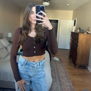 SHEIN Chocolate Ribbed Button-Up Crop Top